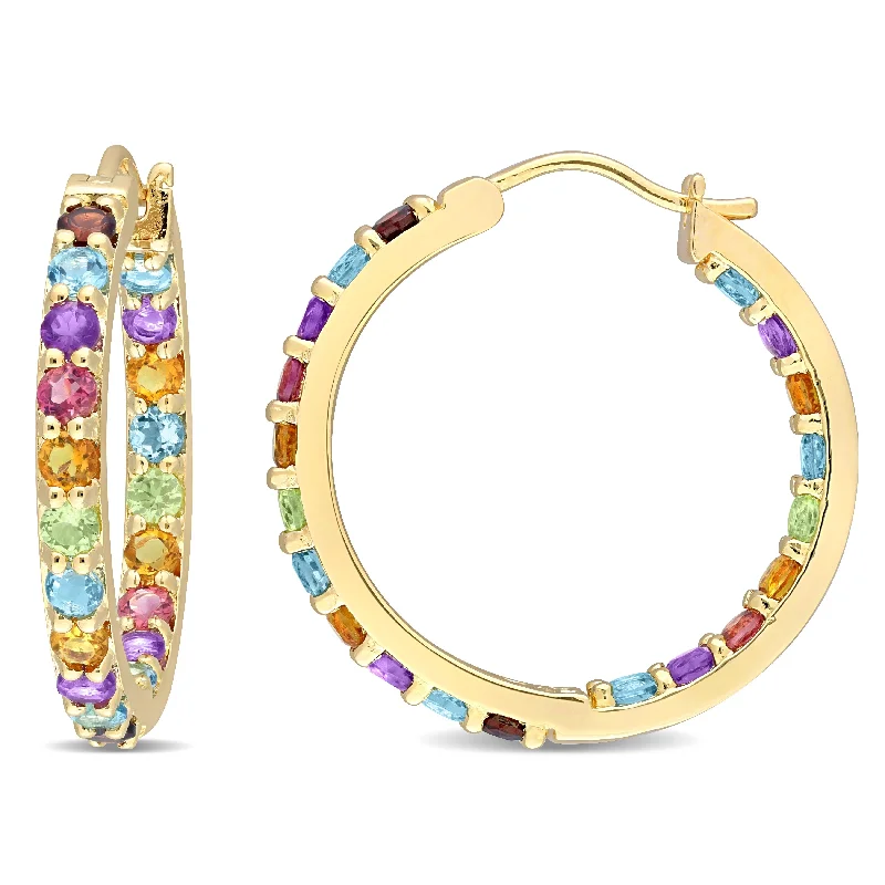 narrow birthstone earrings-Miadora Multi-Color Gemstone Hoop Earrings in Yellow Plated Sterling Silver