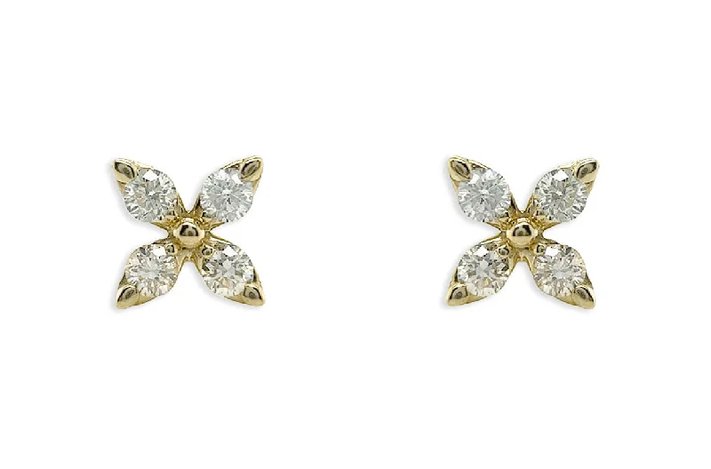 stretchable gold earrings-Mini Earrings 14kt Gold Flower & Four Diamonds Studs