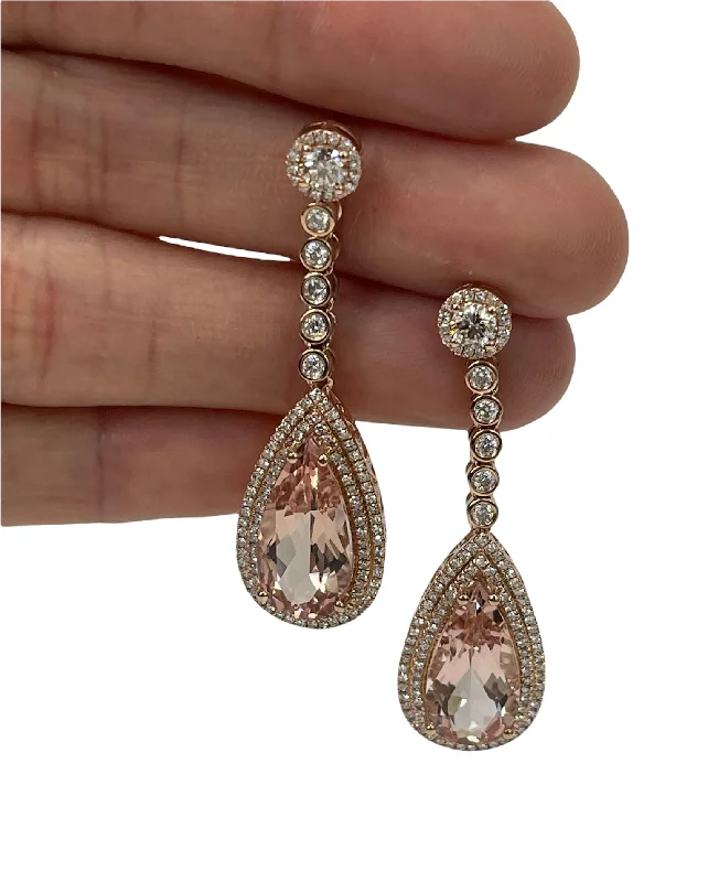 vintage citrine earrings-Morganite Gem Dangling Diamond Earrings Rose Gold 14kt