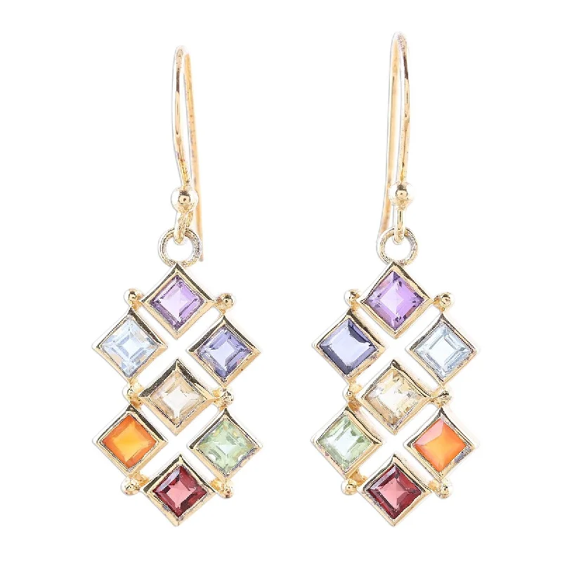 mini letter earrings-NOVICA Wellness, Gold plated multi-gemstone dangle earrings - 1.4L*0.5W