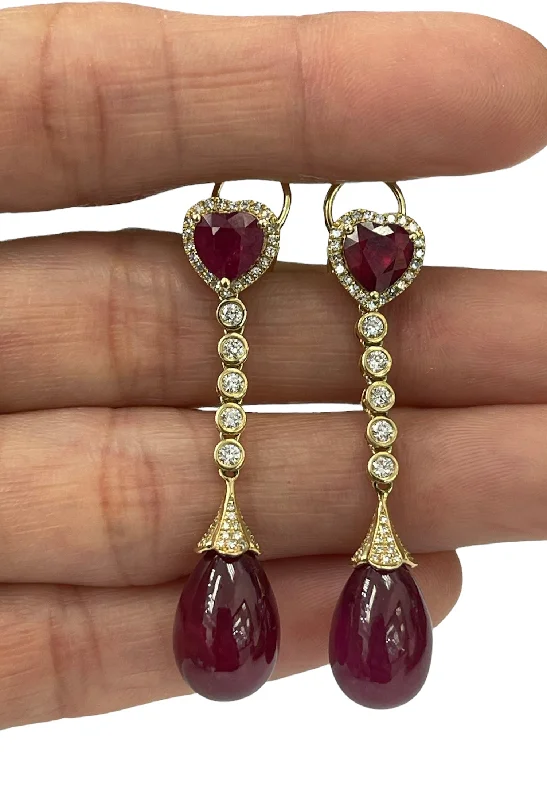 wave-shaped stud earrings-Ruby Gem Round Brilliants Diamond Dangling Earrings Yellow Gold 14kt