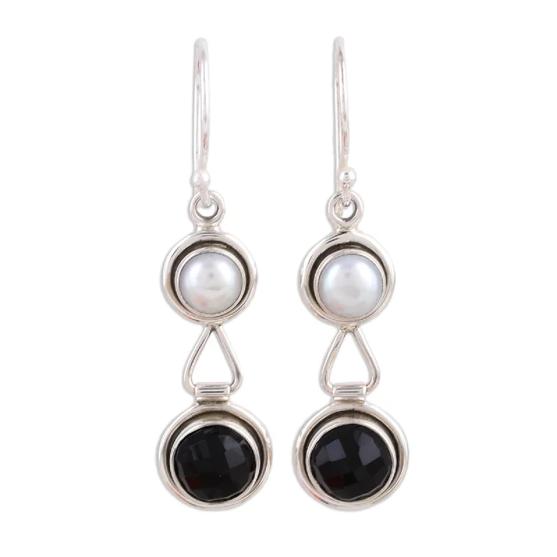 rover turquoise earrings-Sterling Silver 'Double Charm' Onyx and Pearl Earrings (6 mm) (India)