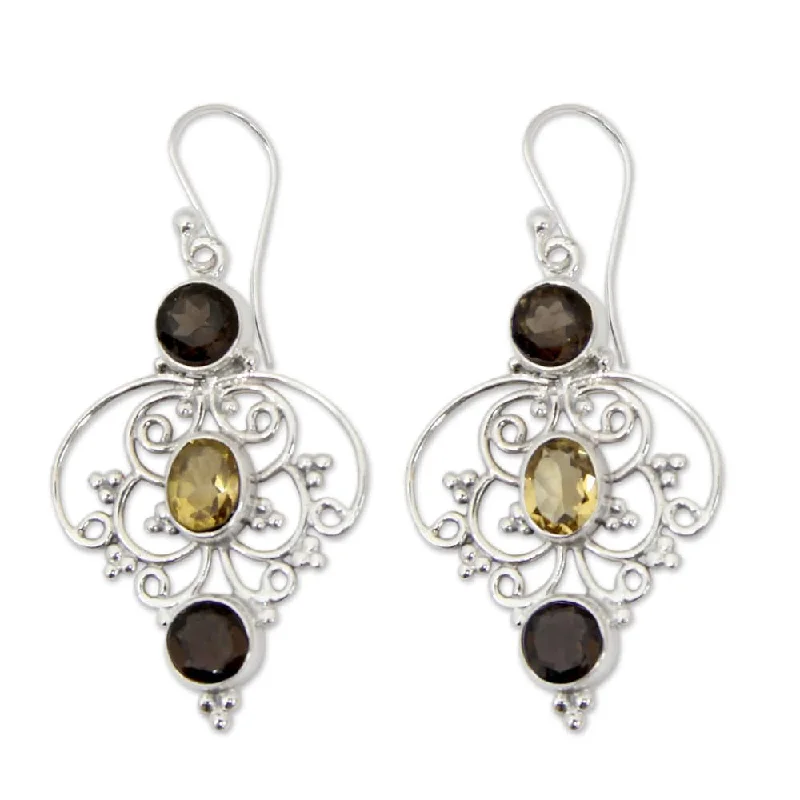 robust silver earrings-Sterling Silver 'Dusk Arabesque' Quartz Citrine Earrings (India)