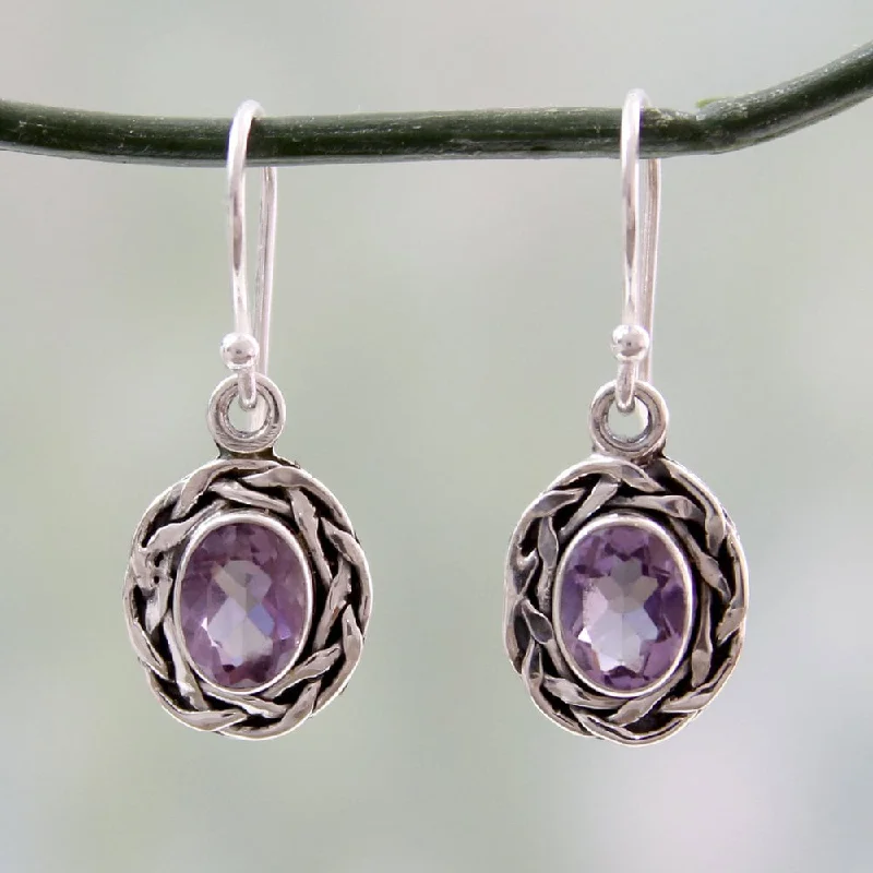 deco citrine earrings-Sterling Silver 'Indian Basket' Amethyst Earrings (India) - 1.2L0.5W