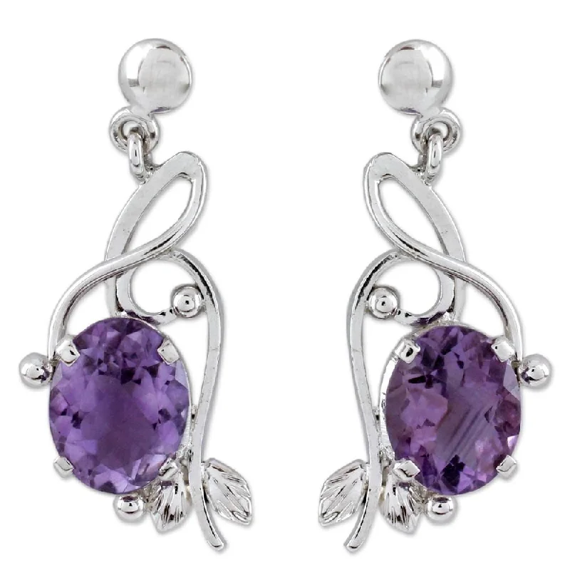 six-gem chandelier earrings-Sterling Silver Jungle Orchid Amethyst Earrings (India) - 1.4L*0.6W