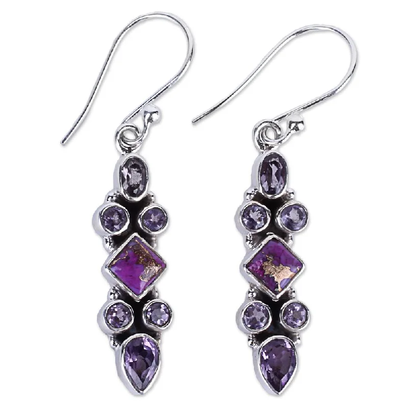 peridot dangle earrings-Sterling Silver 'Mesmerizing Shapes' Amethyst Composite Turquoise Earrings - 1.8L*0.3W