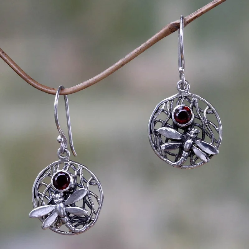 lavish drop earrings-Sterling Silver Wild Dragonfly Garnet Earrings (Indonesia)