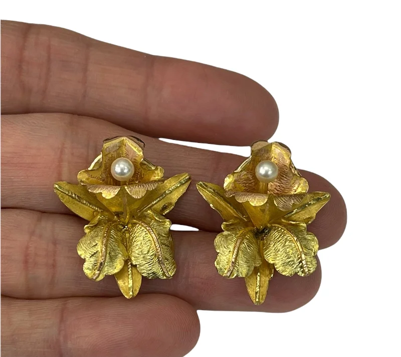 narrow drop earrings-Yellow Gold Flower Earring with Pear Accent 14kt