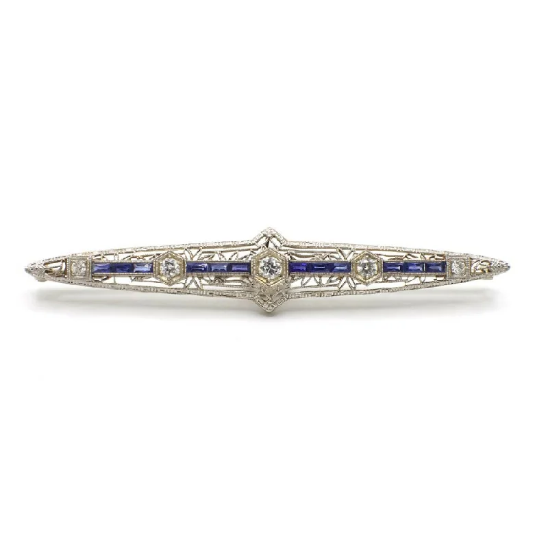 Circa 1920-1930s Edwardian Style Genuine Diamond and Sapphire Filigree Bar Pin in 14K White Gold