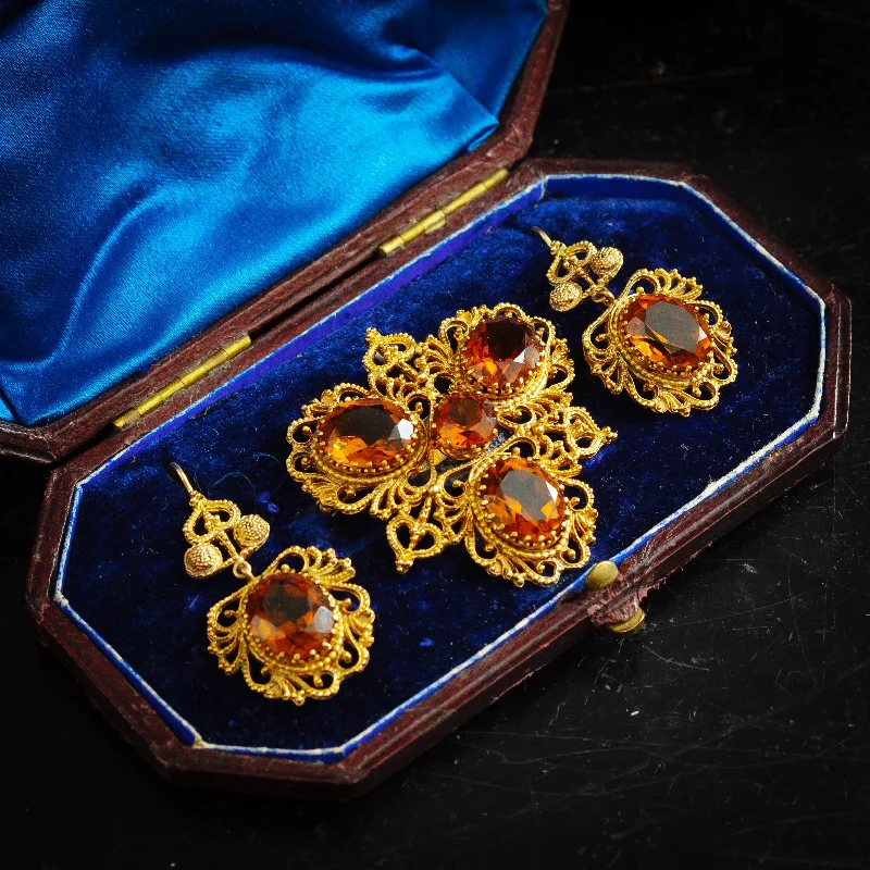 Beautiful Georgian Style Dark Cognac Citrine Earrings and Brooch/Pendant Set