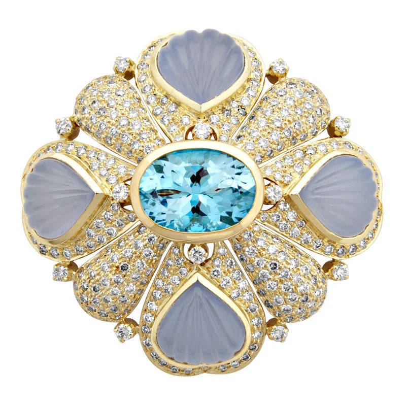 Brooch- Blue Topaz, Chalcedony And Diamond (1844E)