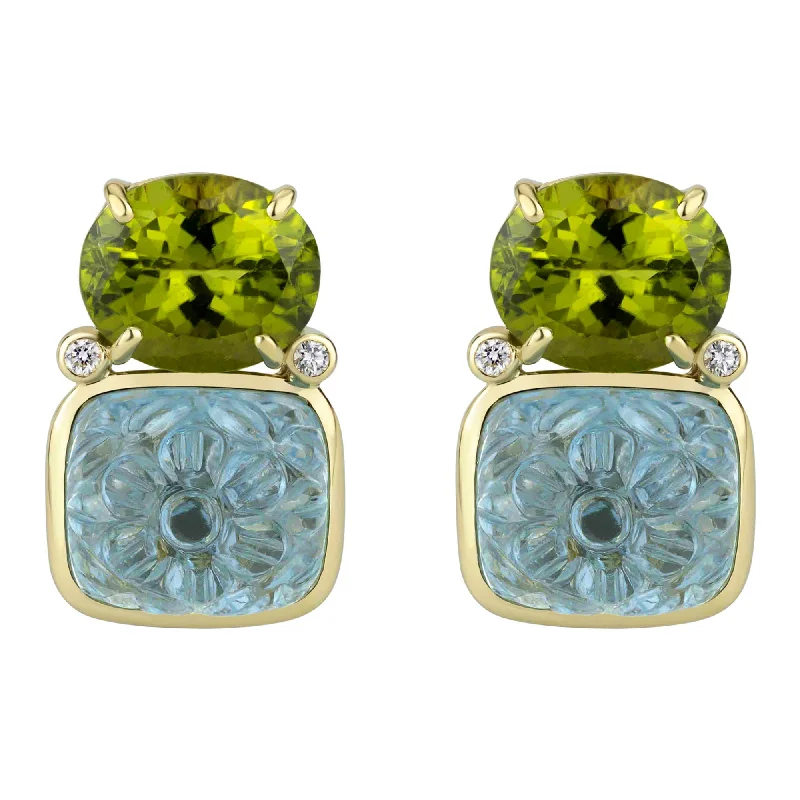 Earrings - Peridot, Blue Topaz And Diamond