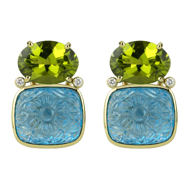 Earrings - Peridot , Blue Topaz And Diamond