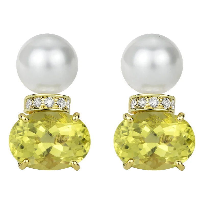 Earrings - South Sea Pearl, Lemon Quartz And Diamond