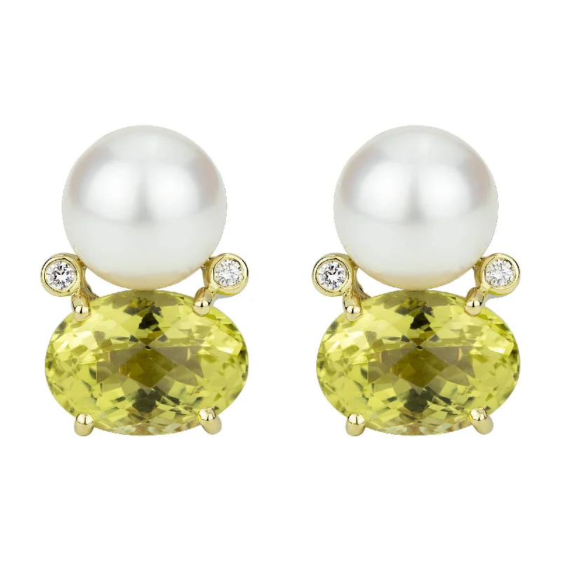 Earrings - South Sea Pearl, Lemon Quartz And Diamond